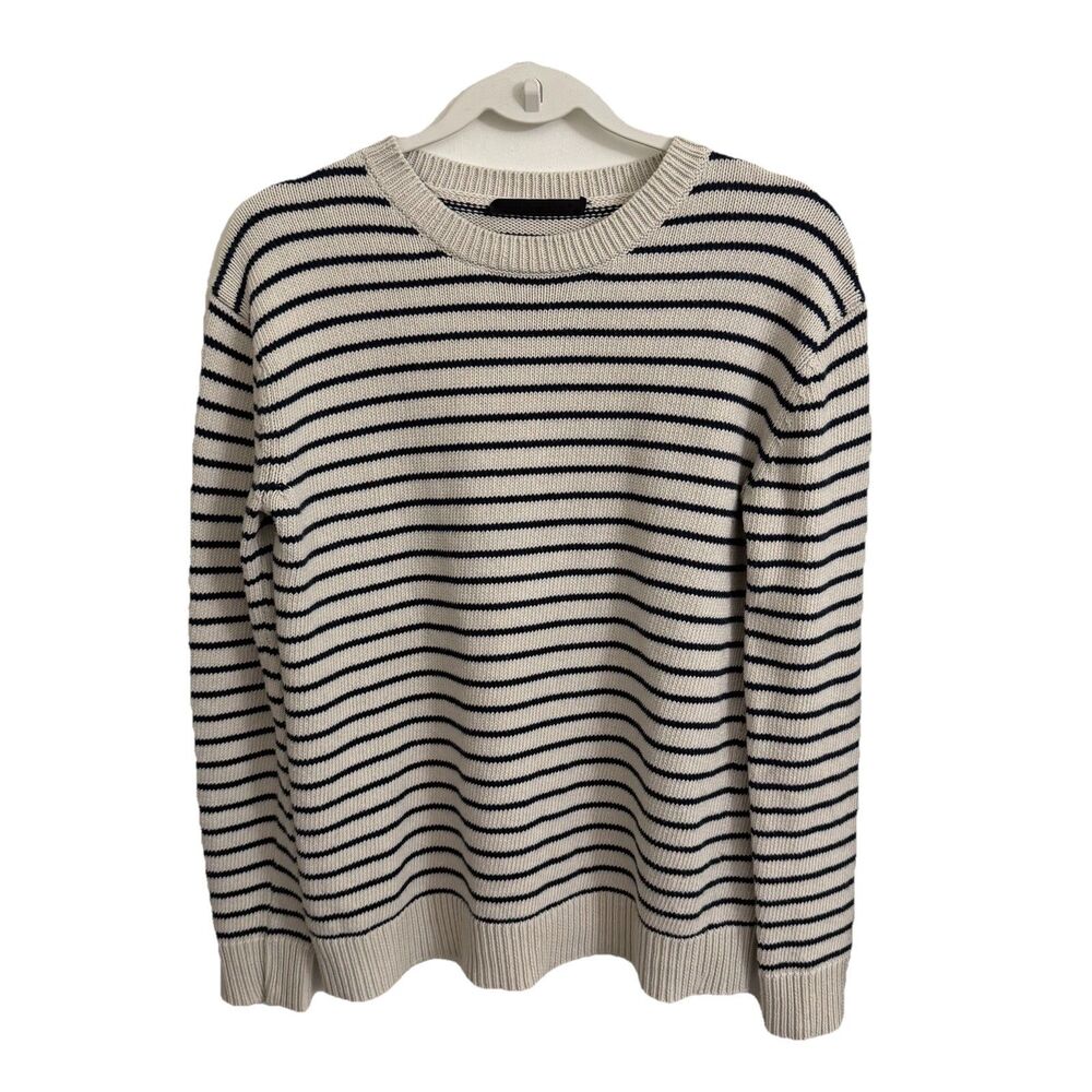 Jenni Kayne Sweater Small Striped Ivory Blue Cotton Cashmere Pullover Knit